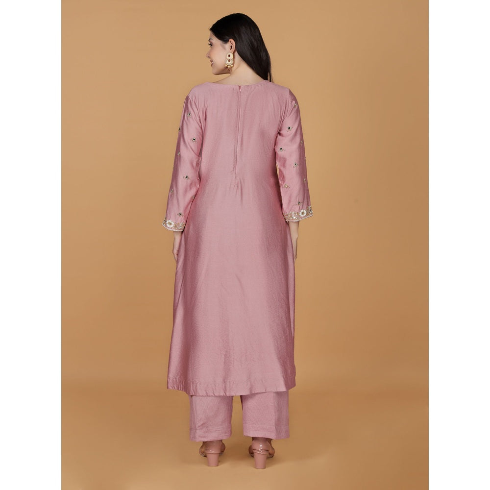 MILU MADAN Onion Pink Self Katan Mirror Embroidery Kurta with Palazzo & Dupatta