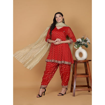 MILU MADAN Red Georgette Brocade Kundan Pearl Work Kurta with Dhoti and Dupatta