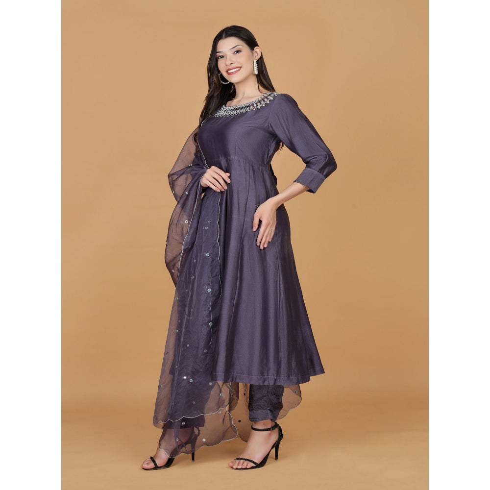 MILU MADAN Dull Purple Pure Chanderi Mirror Work Anarkali with Pant and Dupatta