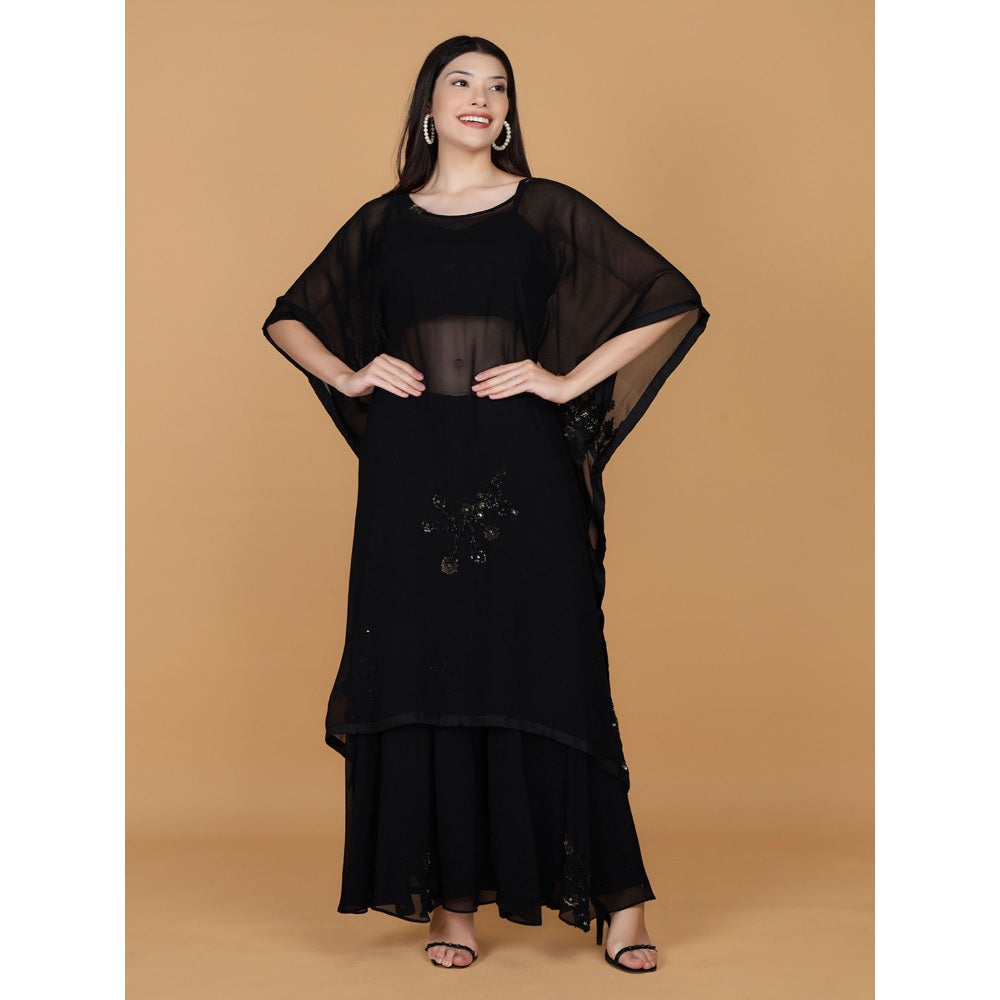 MILU MADAN Black Georgette Sequins Beads Work Kaftan with Blouse and Sharara