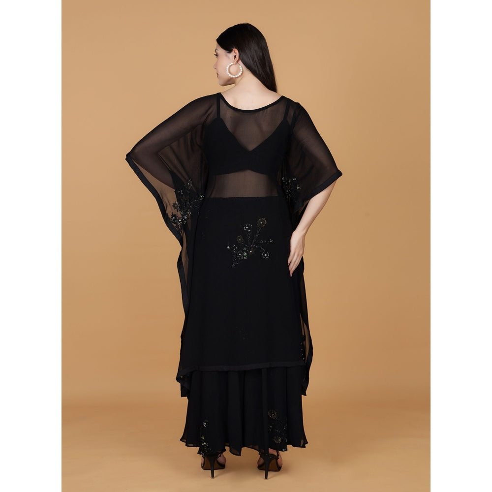 MILU MADAN Black Georgette Sequins Beads Work Kaftan with Blouse and Sharara