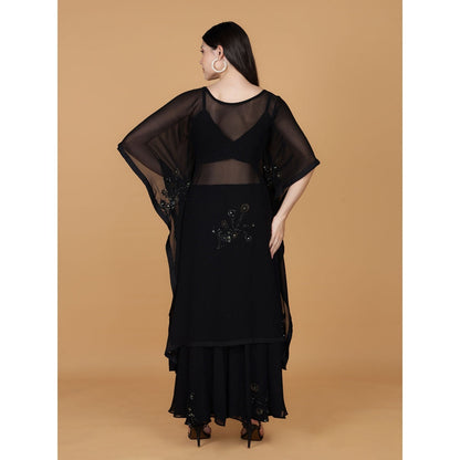 MILU MADAN Black Georgette Sequins Beads Work Kaftan with Blouse and Sharara