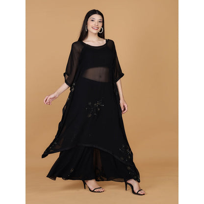 MILU MADAN Black Georgette Sequins Beads Work Kaftan with Blouse and Sharara