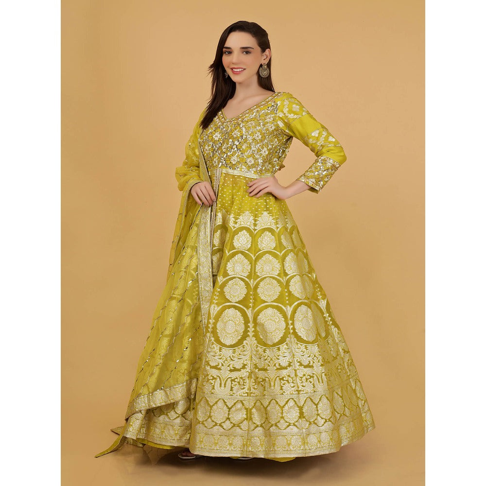 MILU MADAN Lime Green Organza Brocade Lehenga With Kurta And Dupatta