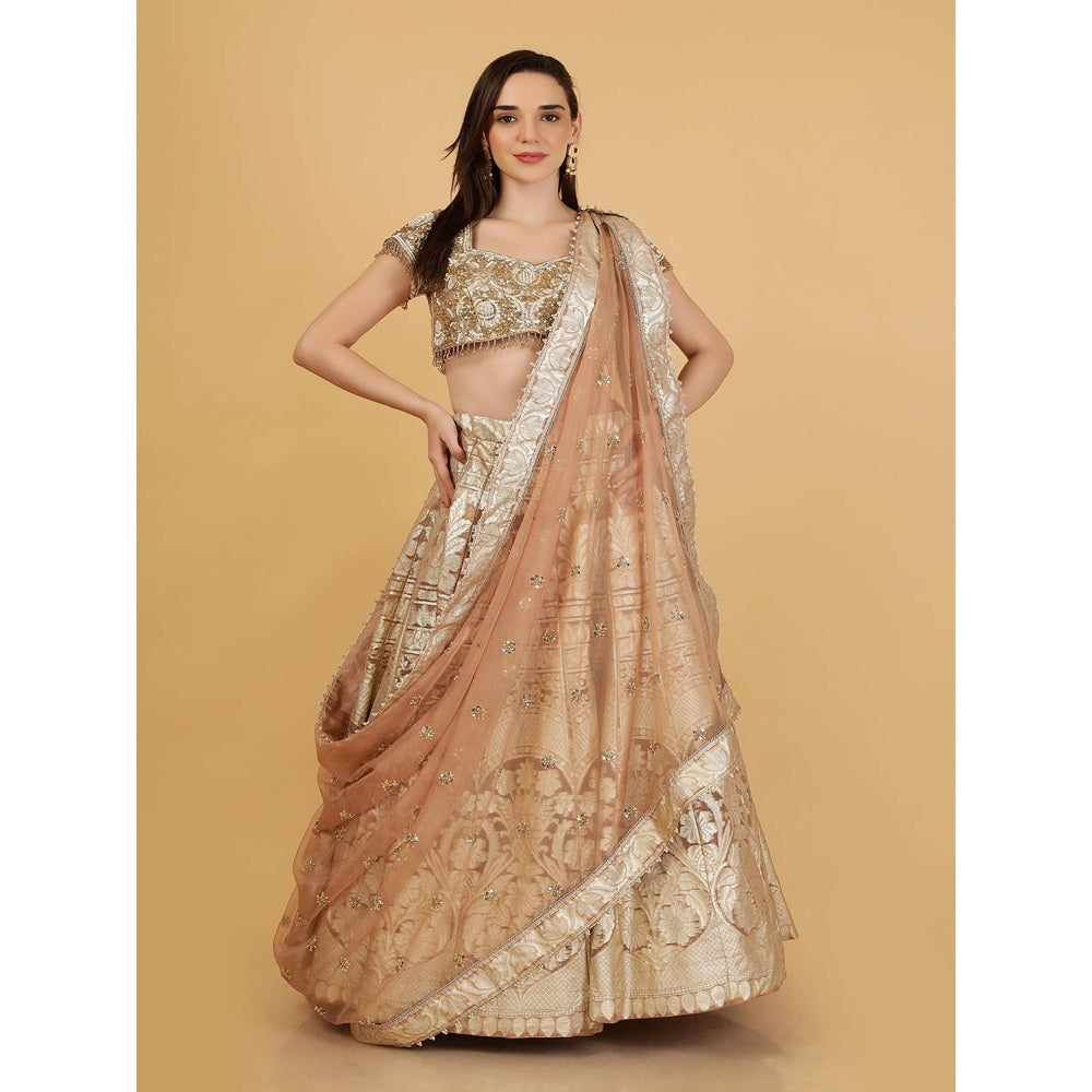 MILU MADAN Mocha Brown Sequin Cut Dana Beadwork Lehenga With Stitched Blouse And Dupatta