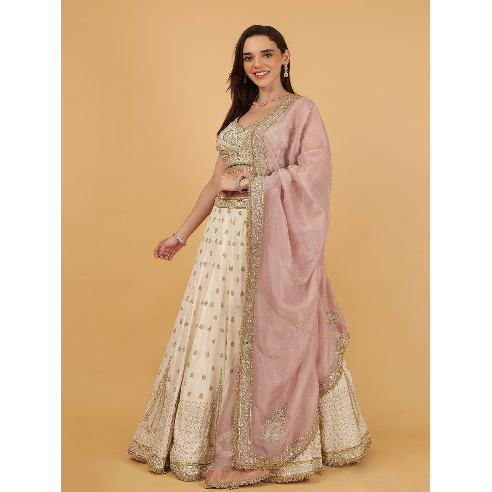 MILU MADAN Ivory Silk Lehenga Sequins Zari Cut Sana Lehenga With Stitched Blouse And Dupatta