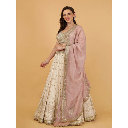 MILU MADAN Ivory Silk Lehenga Sequins Zari Cut Sana Lehenga With Stitched Blouse And Dupatta