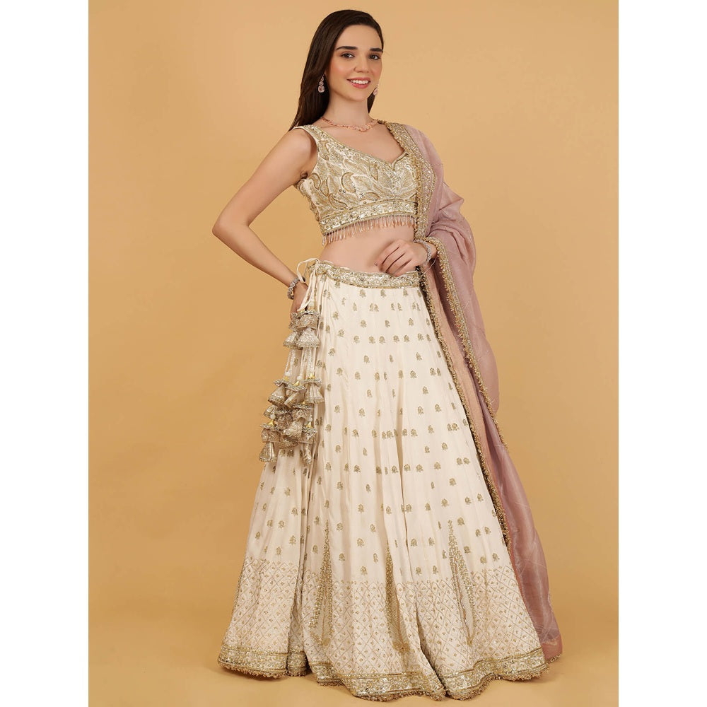 MILU MADAN Ivory Silk Lehenga Sequins Zari Cut Sana Lehenga With Stitched Blouse And Dupatta