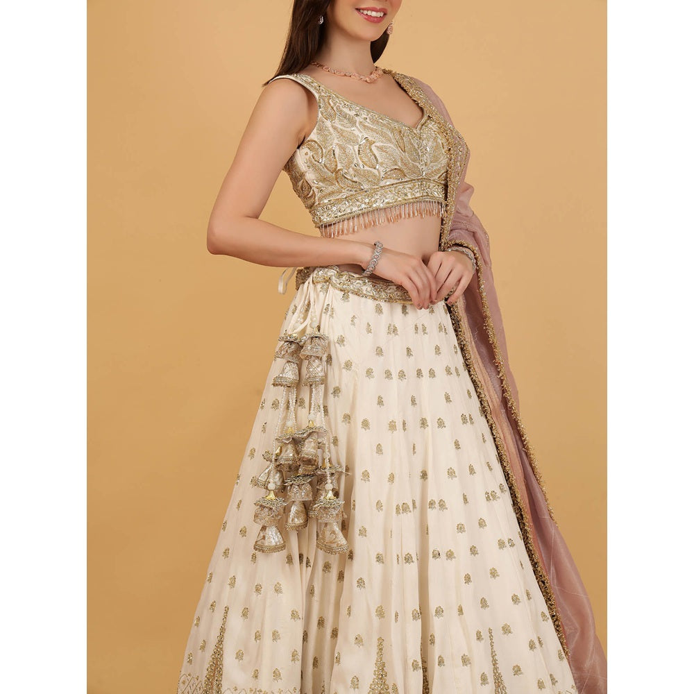 MILU MADAN Ivory Silk Lehenga Sequins Zari Cut Sana Lehenga With Stitched Blouse And Dupatta
