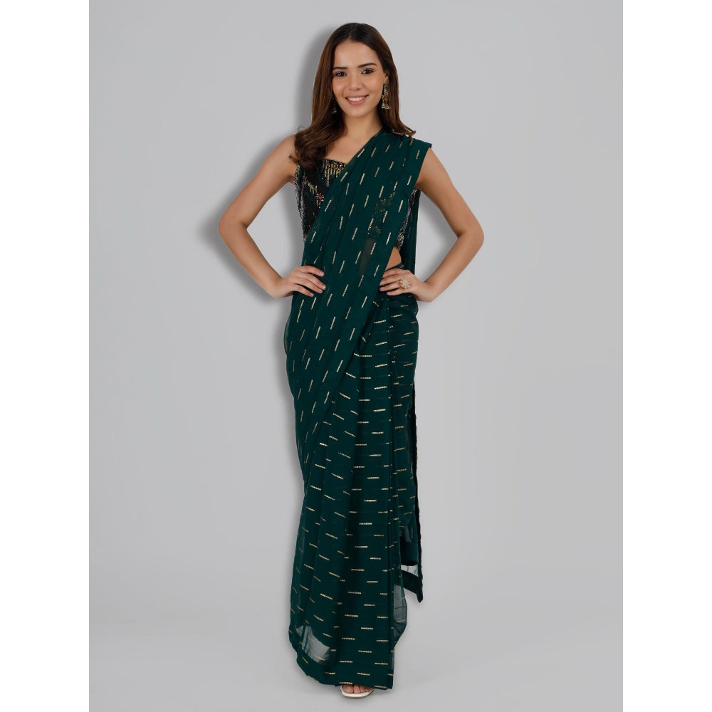 MILU MADAN Dark Green Drape Saree with Unstitched Blouse
