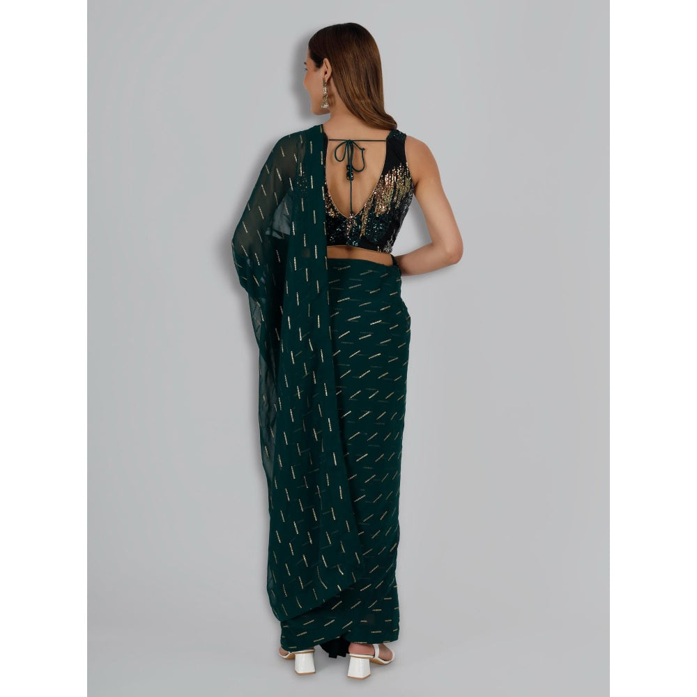 MILU MADAN Dark Green Drape Saree with Unstitched Blouse