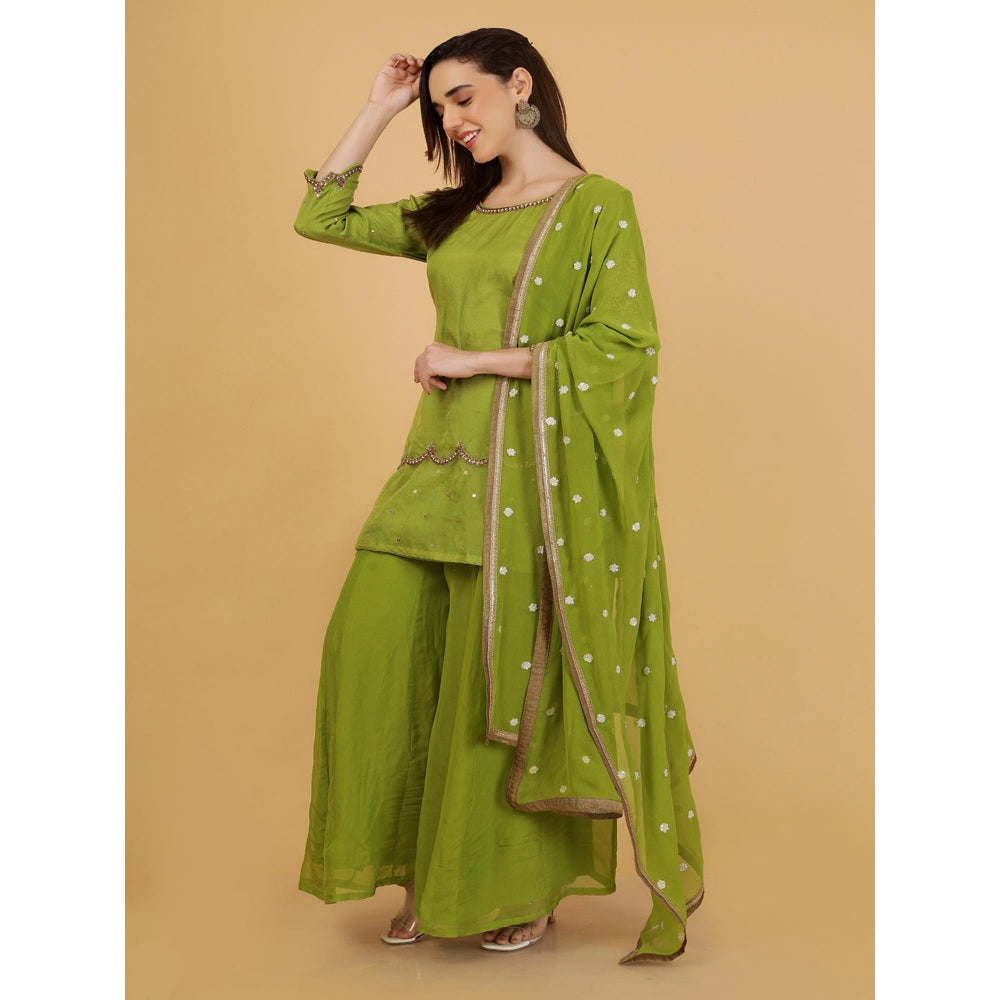 MILU MADAN Leaf Green Beadwork Kurti with Palazzo and Dupatta
