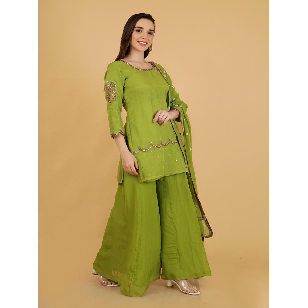 MILU MADAN Leaf Green Beadwork Kurti with Palazzo and Dupatta