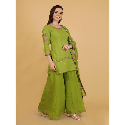 MILU MADAN Leaf Green Beadwork Kurti with Palazzo and Dupatta