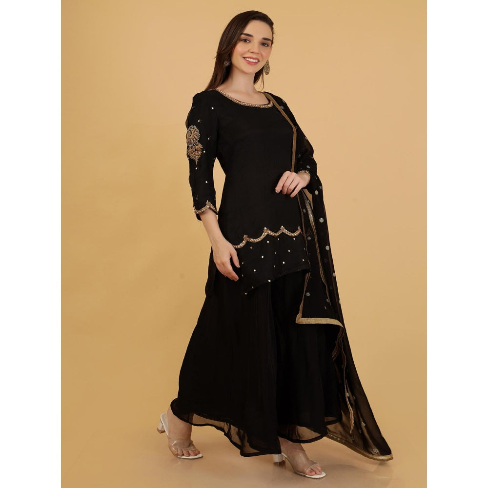 MILU MADAN Black Beadwork Kurti with Palazzo and Dupatta