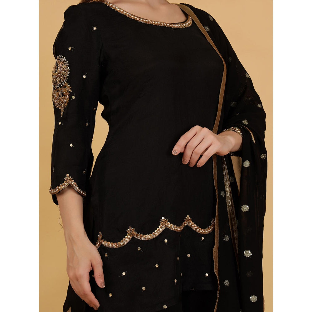 MILU MADAN Black Beadwork Kurti with Palazzo and Dupatta
