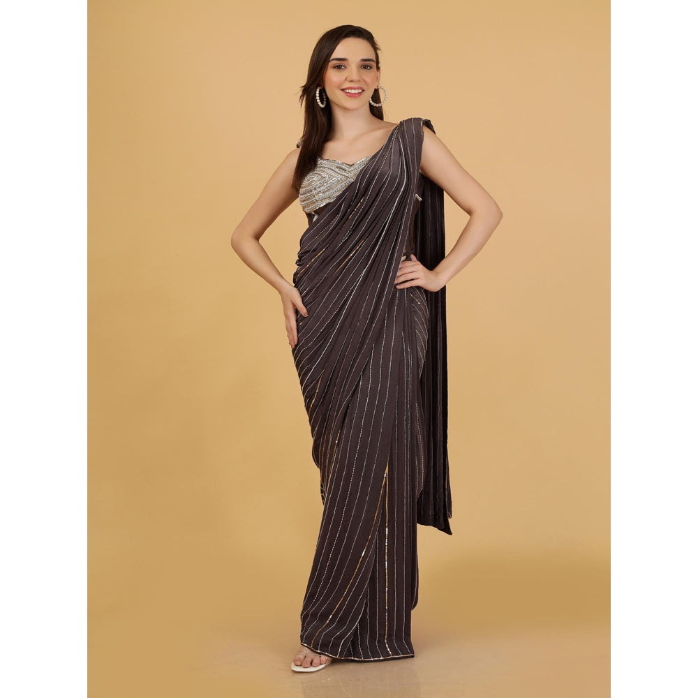 MILU MADAN Dark Grey Crepe Pre-Draped Saree with Stitched Blouse