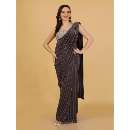 MILU MADAN Dark Grey Crepe Pre-Draped Saree with Stitched Blouse