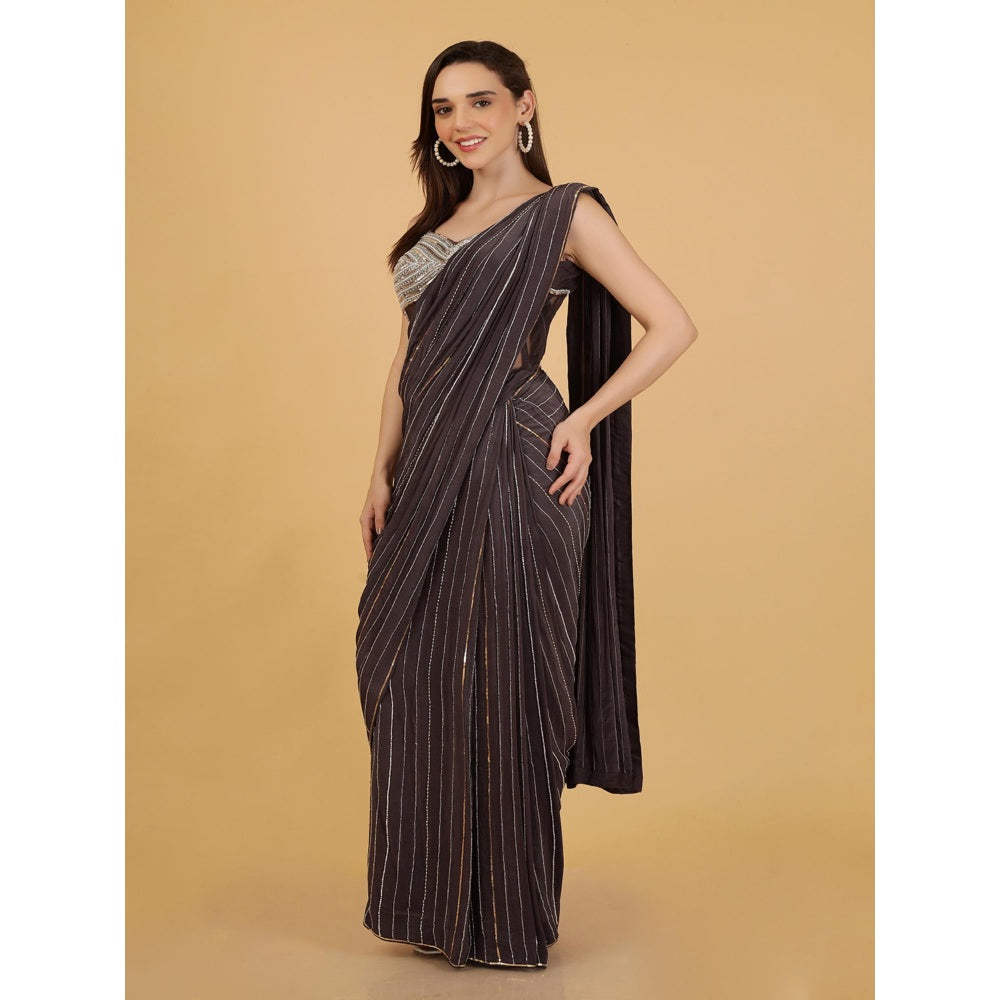 MILU MADAN Dark Grey Crepe Pre-Draped Saree with Stitched Blouse