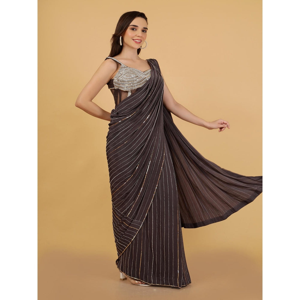 MILU MADAN Dark Grey Crepe Pre-Draped Saree with Stitched Blouse