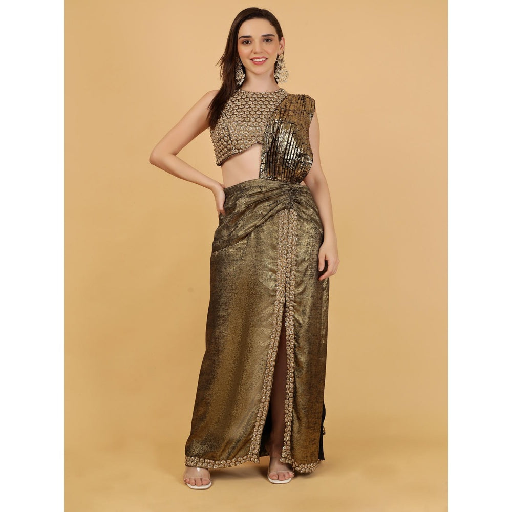 MILU MADAN Gold Crepe Drape Saree with Stitched Blouse