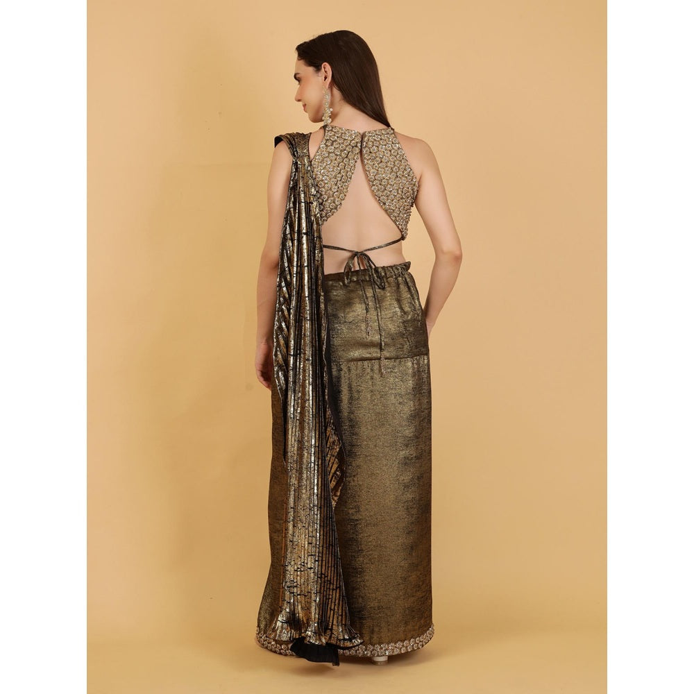 MILU MADAN Gold Crepe Drape Saree with Stitched Blouse