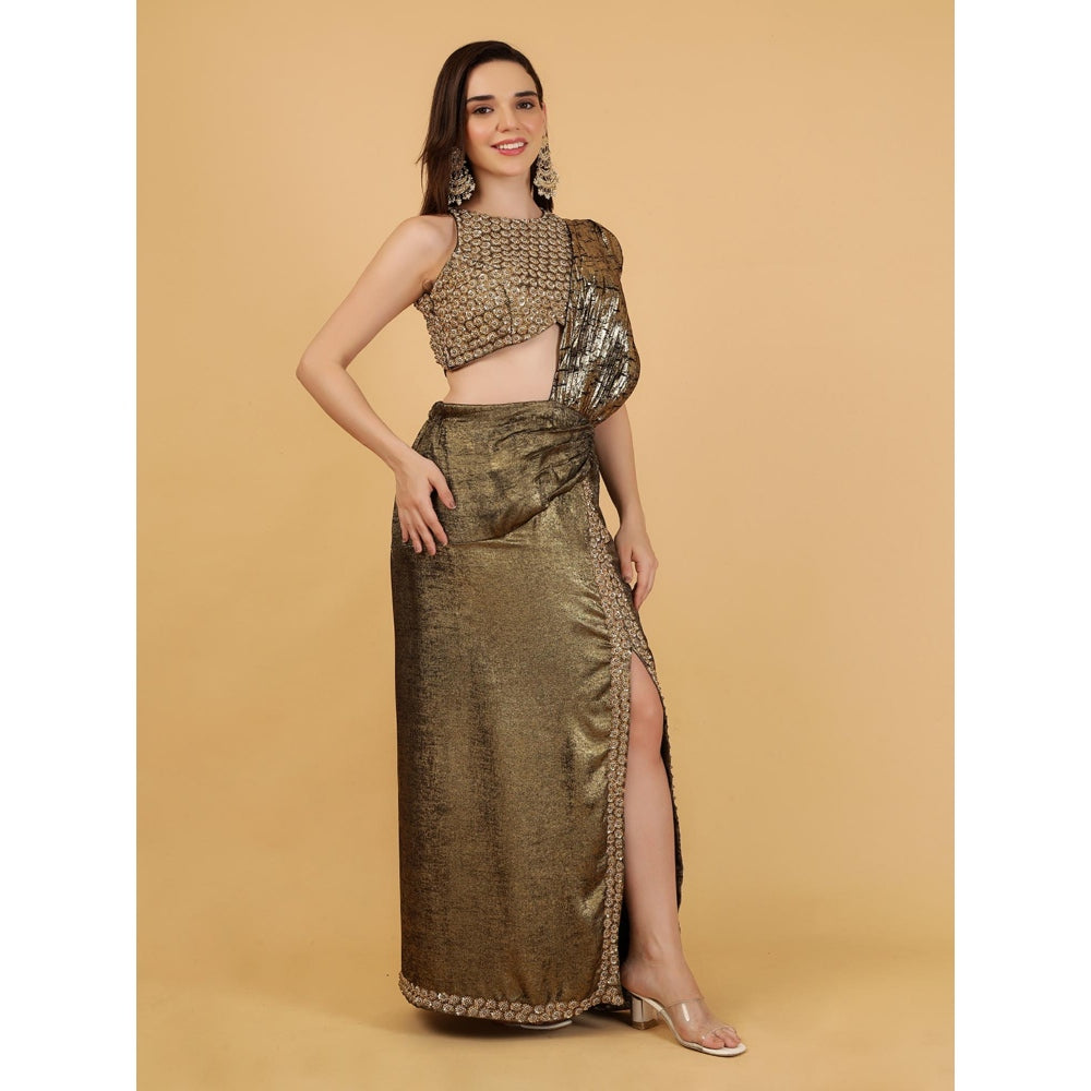 MILU MADAN Gold Crepe Drape Saree with Stitched Blouse