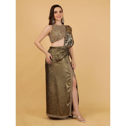 MILU MADAN Gold Crepe Drape Saree with Stitched Blouse