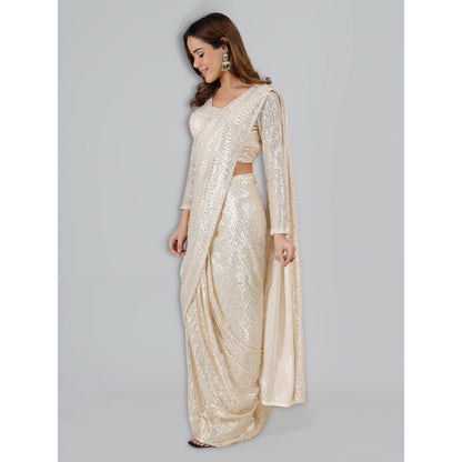 MILU MADAN Ivory Sequin Lycra Saree with Stitched Blouse