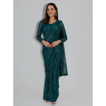 MILU MADAN Bottle Green Sequinned Lycra Saree with Stitched Blouse