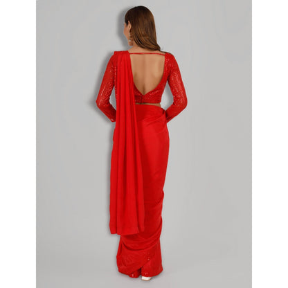 MILU MADAN Red Crepe Pre Stitched Blouse Saree with Stitched Blouse