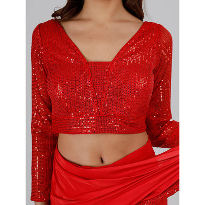 MILU MADAN Red Crepe Pre Stitched Blouse Saree with Stitched Blouse