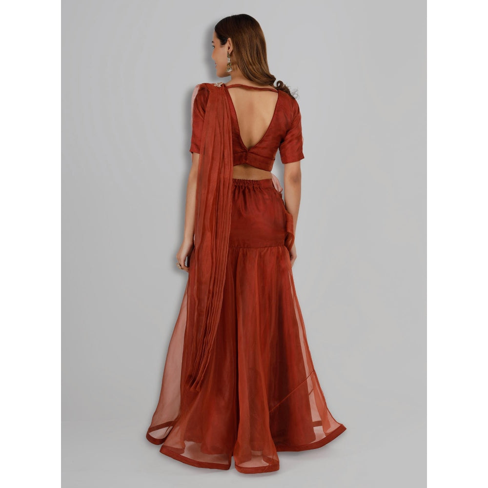 MILU MADAN Rust Organza Fish Cut Drape Saree with Stitched Blouse