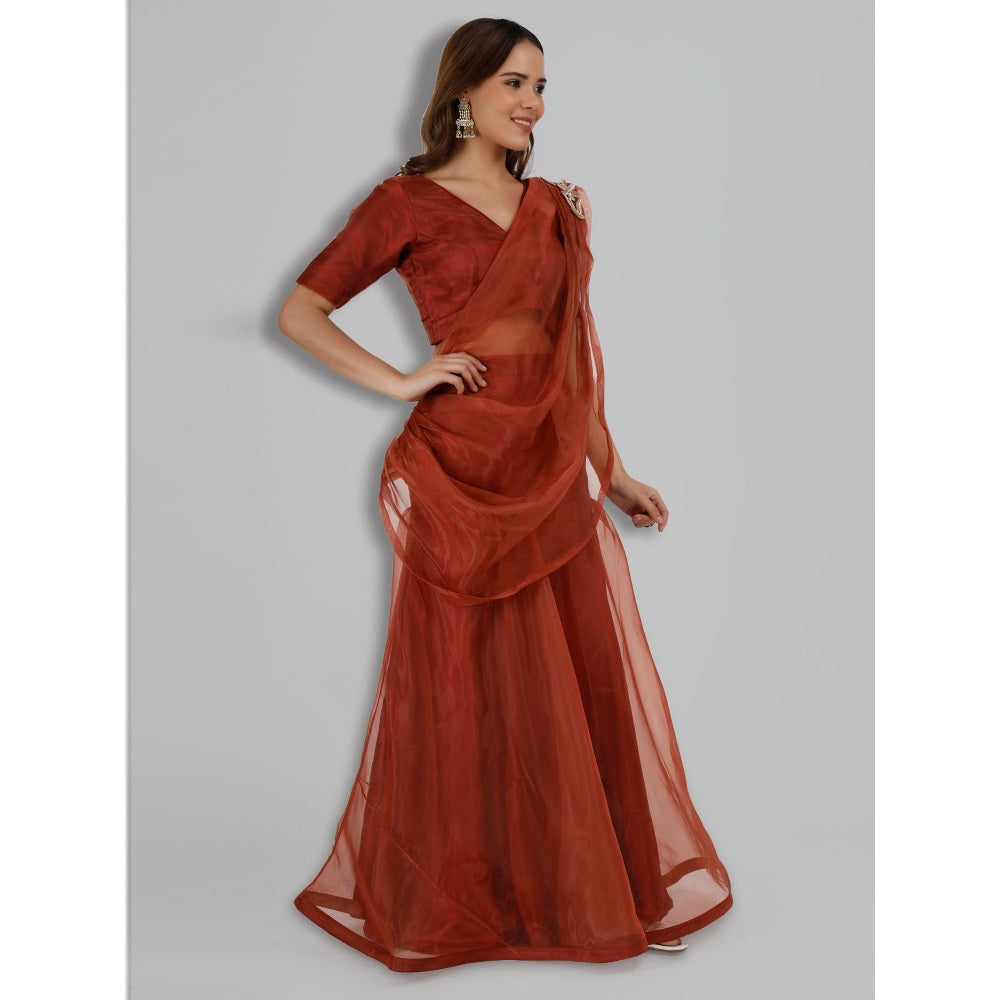 MILU MADAN Rust Organza Fish Cut Drape Saree with Stitched Blouse