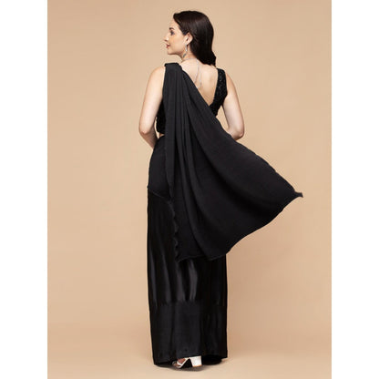 MILU MADAN Black Pleated Drape Saree with Stitched Blouse