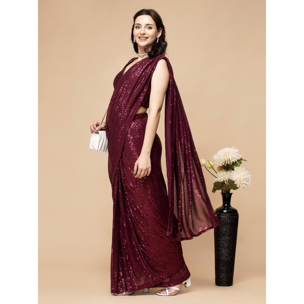 MILU MADAN Wine Sequin Lycra Drape Saree with Stitched Blouse