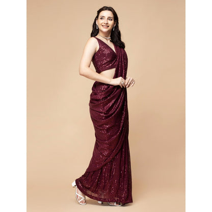 MILU MADAN Wine Sequin Lycra Drape Saree with Stitched Blouse