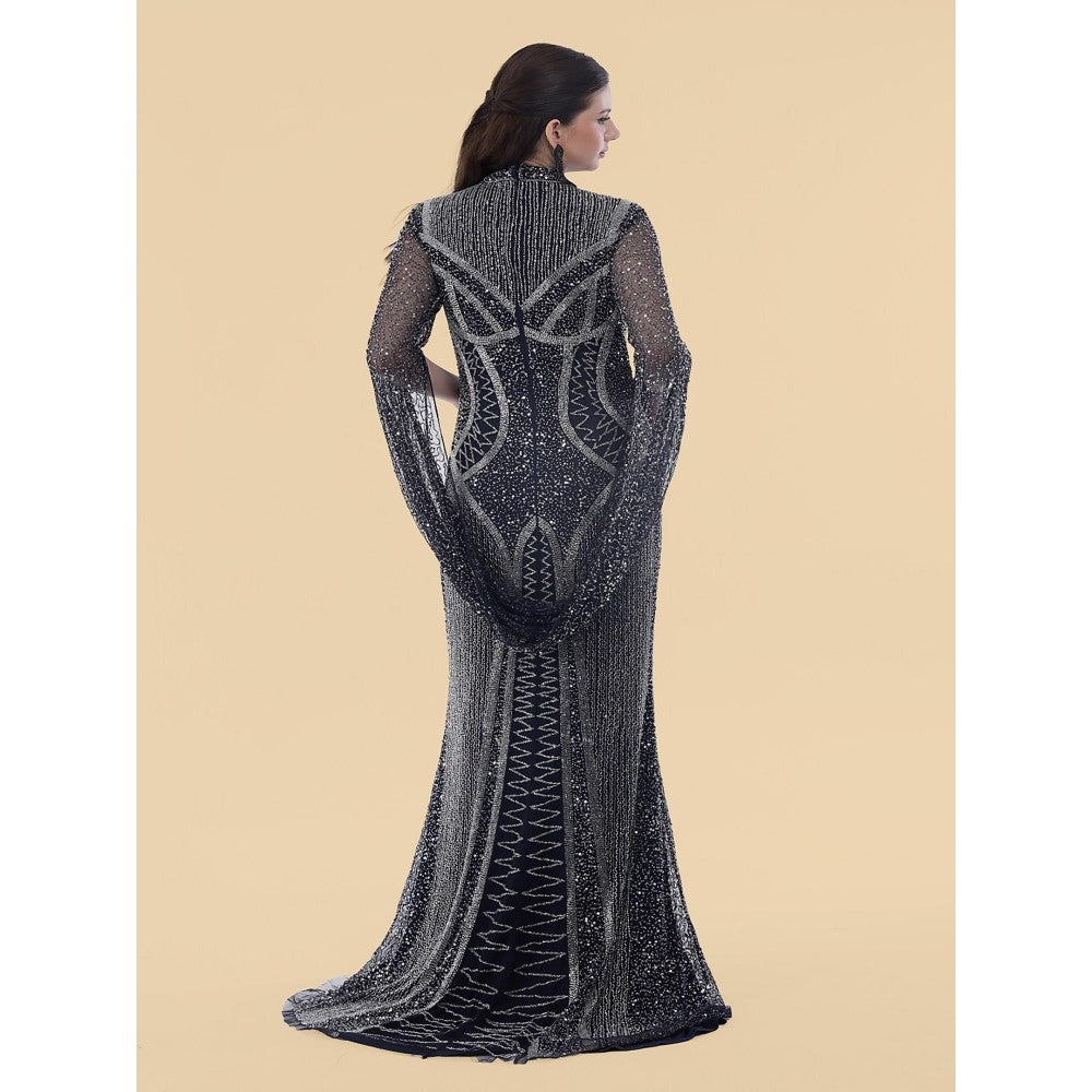 MILU MADAN Dark Blue Net Backtrail Gown With Heavy Beed Work