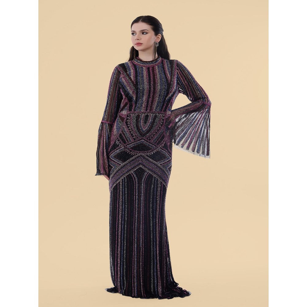 MILU MADAN Black Net Backtrail Gown With Heavy Beadwork