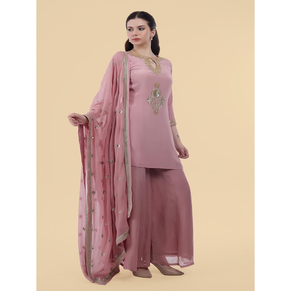 MILU MADAN Onion Pink Crepe Kurti with Sharara and Dupatta