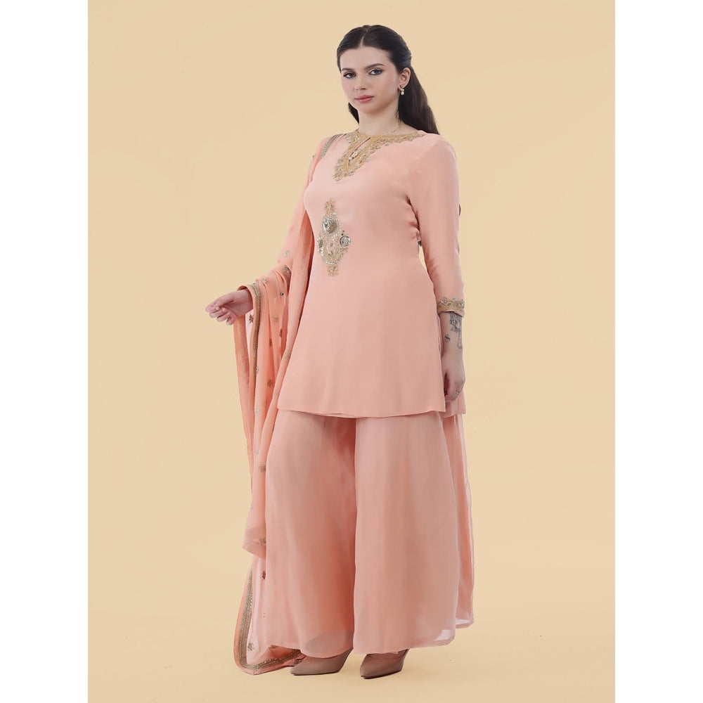 MILU MADAN Peach Crepe Kurti with Sharara and Dupatta