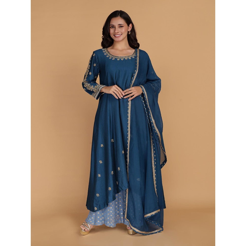 MILU MADAN Persian Blue Katan Silk Anarkali with Sharara and Dupatta