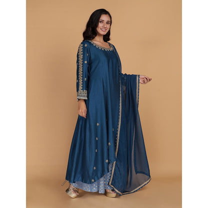 MILU MADAN Persian Blue Katan Silk Anarkali with Sharara and Dupatta