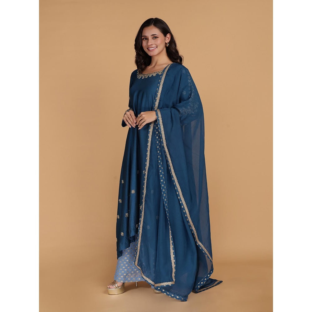 MILU MADAN Persian Blue Katan Silk Anarkali with Sharara and Dupatta