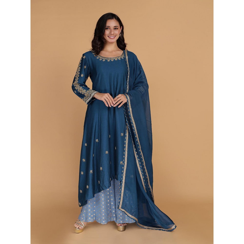 MILU MADAN Persian Blue Katan Silk Anarkali with Sharara and Dupatta