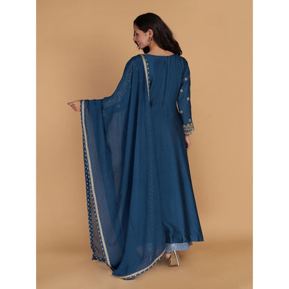 MILU MADAN Persian Blue Katan Silk Anarkali with Sharara and Dupatta