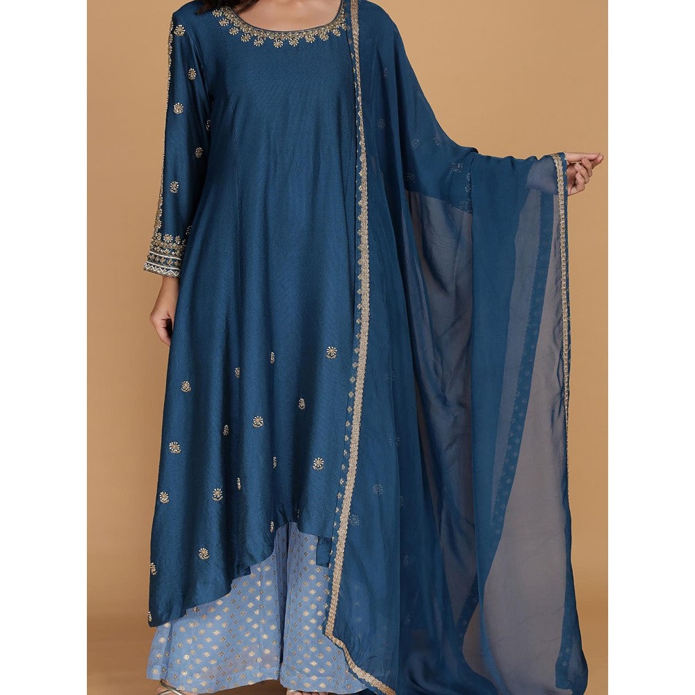 MILU MADAN Persian Blue Katan Silk Anarkali with Sharara and Dupatta