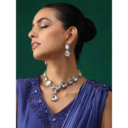 MINAKI 22K Gold Plated Necklace Set In Kundan-Polki Setting-Silver (Set of 2)