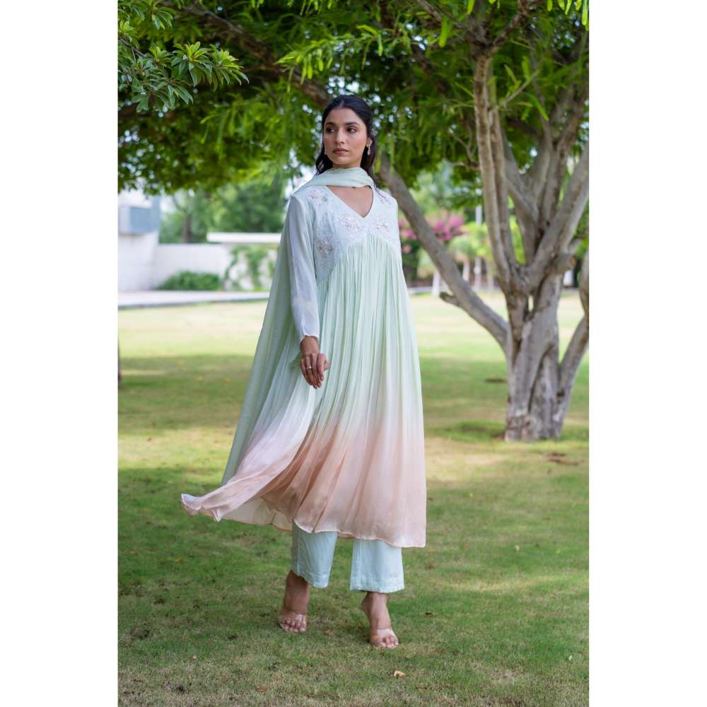 MINSH Amber Ombre Green Anarkali Kurta With Pant And Dupatta (Set of 3)