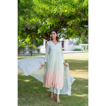 MINSH Amber Ombre Green Anarkali Kurta With Pant And Dupatta (Set of 3)